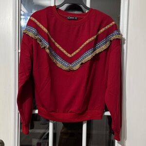 Deep Red Sweatshirt with Fringe and Chevron Design XS/S New